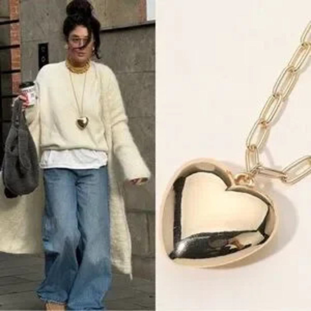 Gold Puffy Heart Long Necklace (8513)